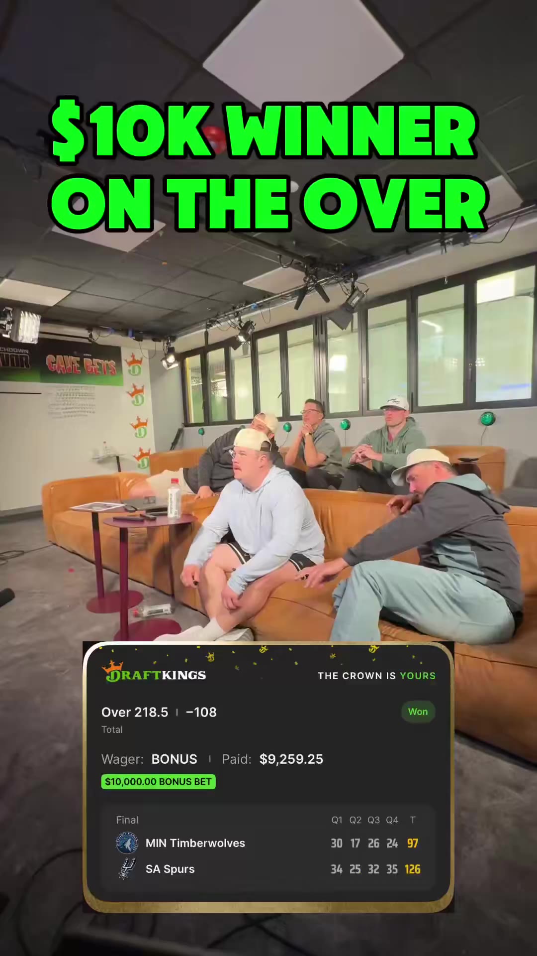Barstool Sports: . @danabeers had to SWEAT OUT the over in TWolves vs Spurs but cashes his $10k bonus bet in the final seconds of the gam
