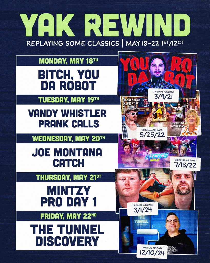 The Yak: Next week’s rerun schedule 🚨 Tune in at your normal Yak time (1 ET / 12 CT) https://t.co/syw6h4Pj9l