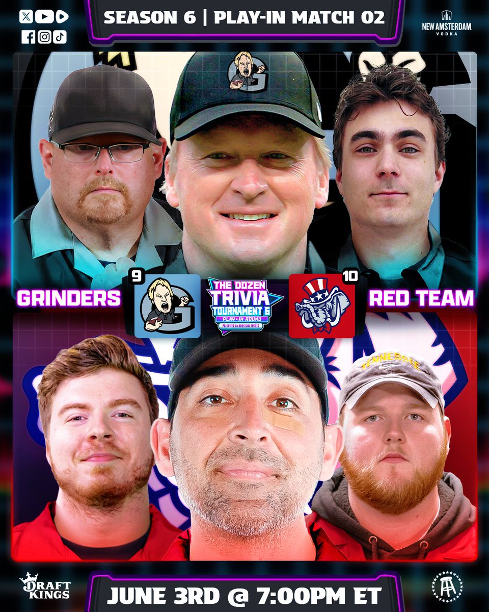 The Dozen Trivia: 🚨 TONIGHT 🚨

The GRINDERS (@BarstoolGruden @NjTank99 @jakemalasek) and the RED TEAM (@DanteTheDon @JackMac @ConnerHKna