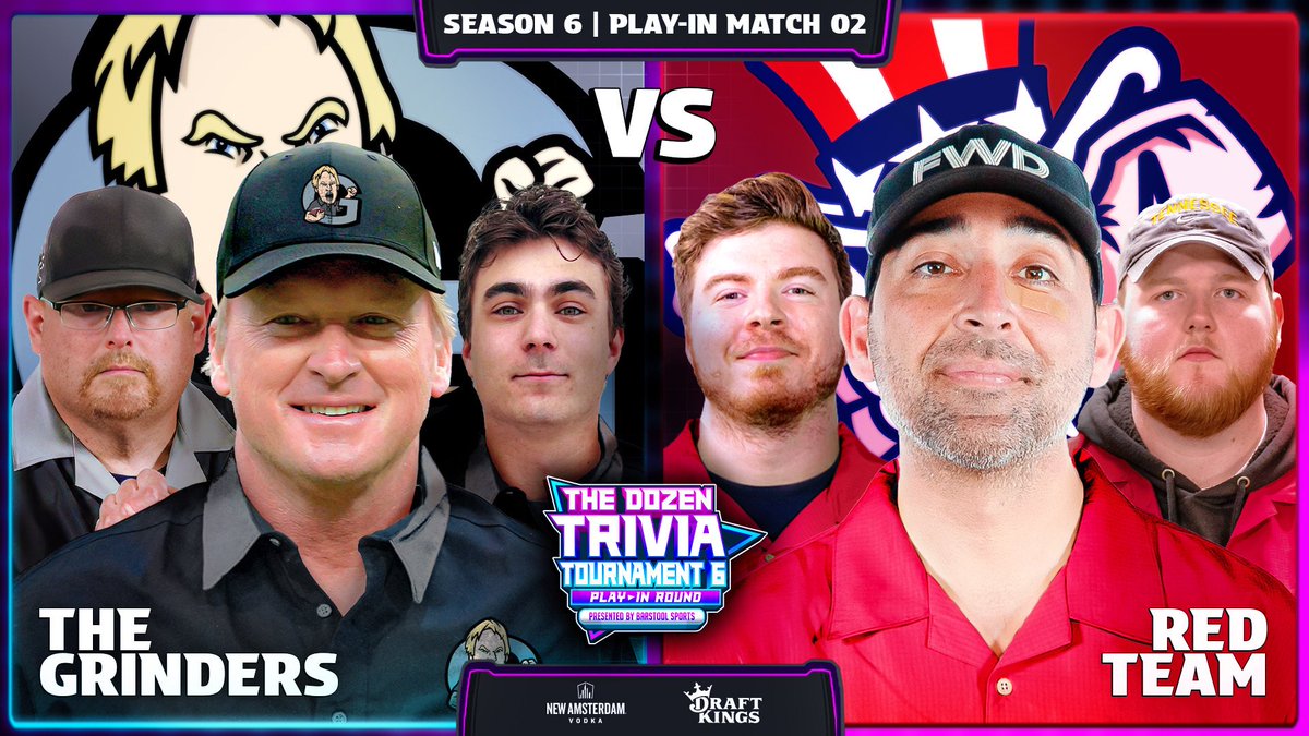 The Dozen Trivia: 🚨 ONE HOUR AWAY 🚨

The GRINDERS (@BarstoolGruden @NjTank99 @jakemalasek) and the RED TEAM (@DanteTheDon @JackMac @Conn