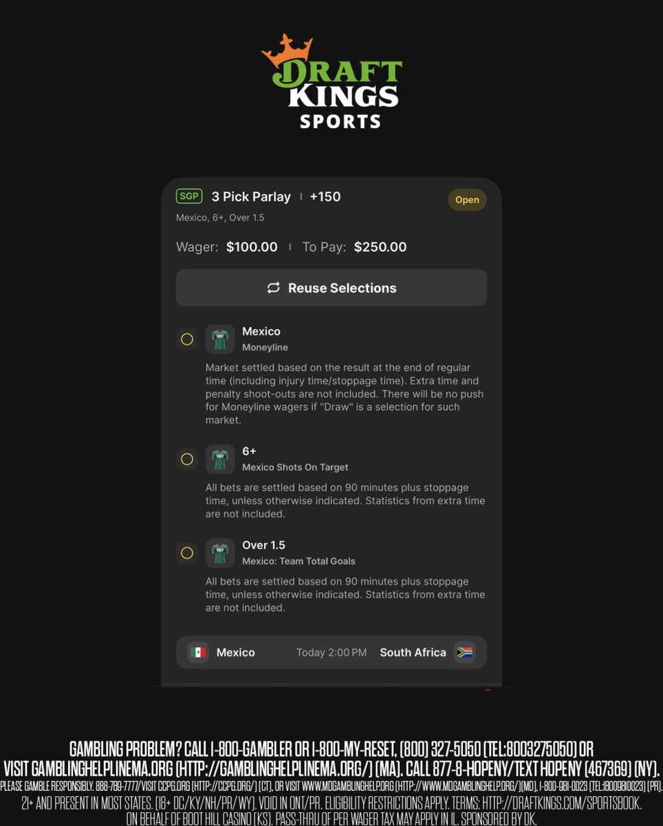 Chief: OFFICIAL WORLD CUP PARLAY OF THE DAY🇲🇽🇲🇽🇲🇽🇲🇽

Mexico ML
Mexico OVER 1.5 Goals
Mexico OVER 5.5 Shots on target

M