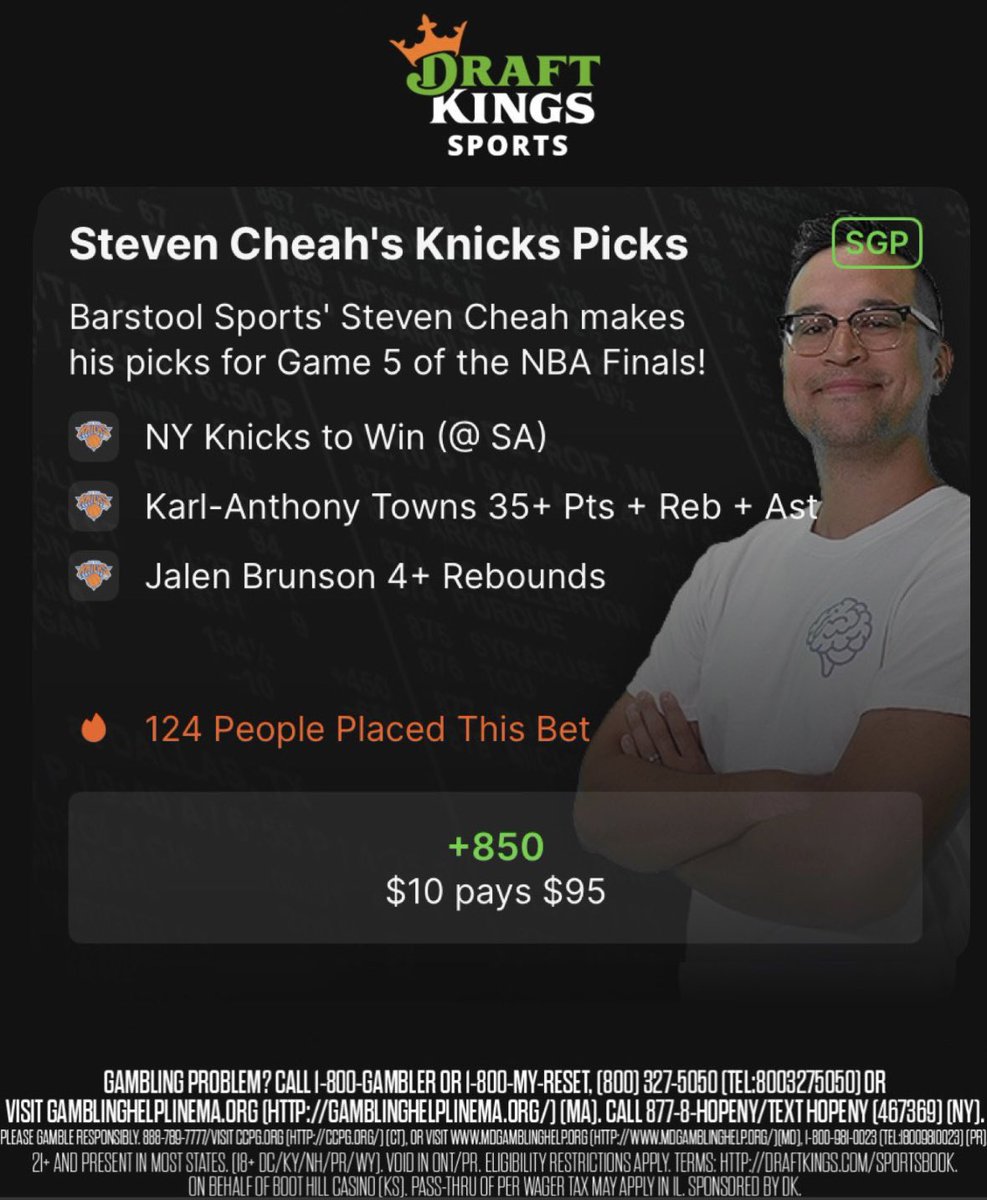Steven Cheah: NBA Finals Game 5 parlay on @DKSports 

- Knicks to win
- KAT stays out of foul trouble and gets 35+ PRA
- Jalen Brunson