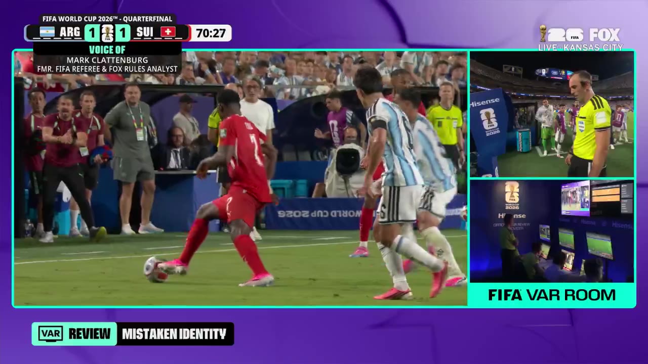 A FIFA World Cup 2026 quarterfinal soccer match between Argentina and Switzerland, score 1-1 at the 71st minute in Kansas City; a referee shows a red card to a player after a VAR review overlay reading 'MISTAKEN IDENTITY', while Switzerland players in red celebrate nearby.