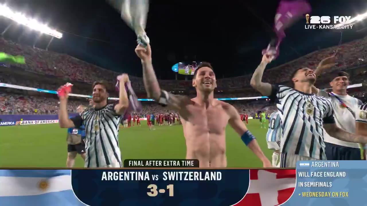 Lionel Messi celebrates shirtless on the field, waving his jersey overhead as Argentina teammates celebrate around him, with the scoreboard reading FINAL AFTER EXTRA TIME, Argentina vs Switzerland 3-1, and a graphic noting Argentina will face England in the semifinals.