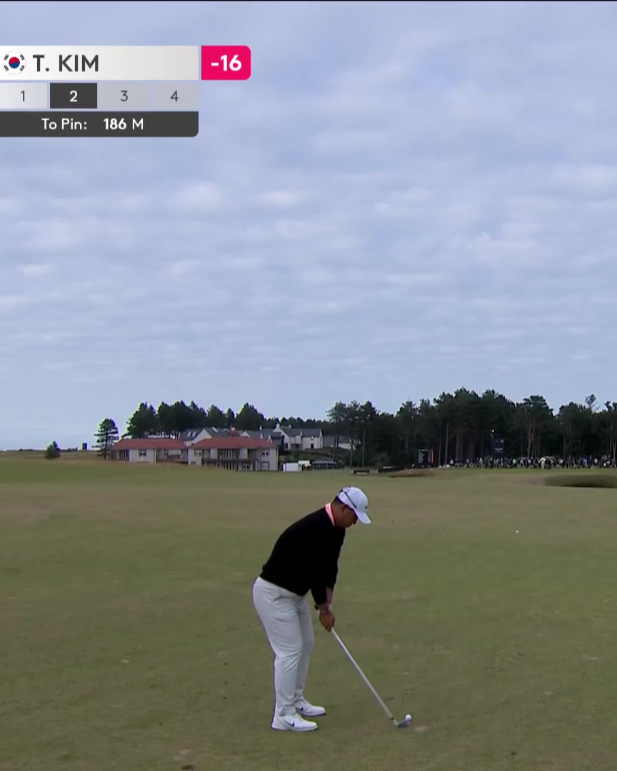 A golfer in a black top and white pants hits an iron shot with a graphic tracer overlay showing ball speed 135mph and apex, followed by the ball resting a few feet from the pin on the green, with an on-screen leaderboard reading T. KIM -16 and To Pin: 203 YDS.
