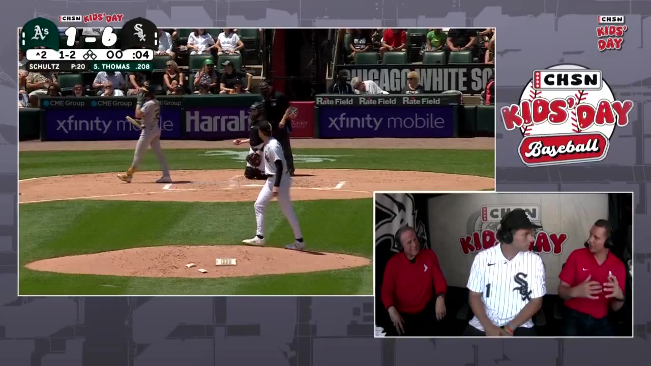 A young man in a White Sox jersey and cap sits between two men in red polo shirts wearing headsets for a CHSN Kids' Day broadcast interview; earlier frames show him crying and being hugged by two women in a stadium suite while fans behind them cheer and hold up phones.