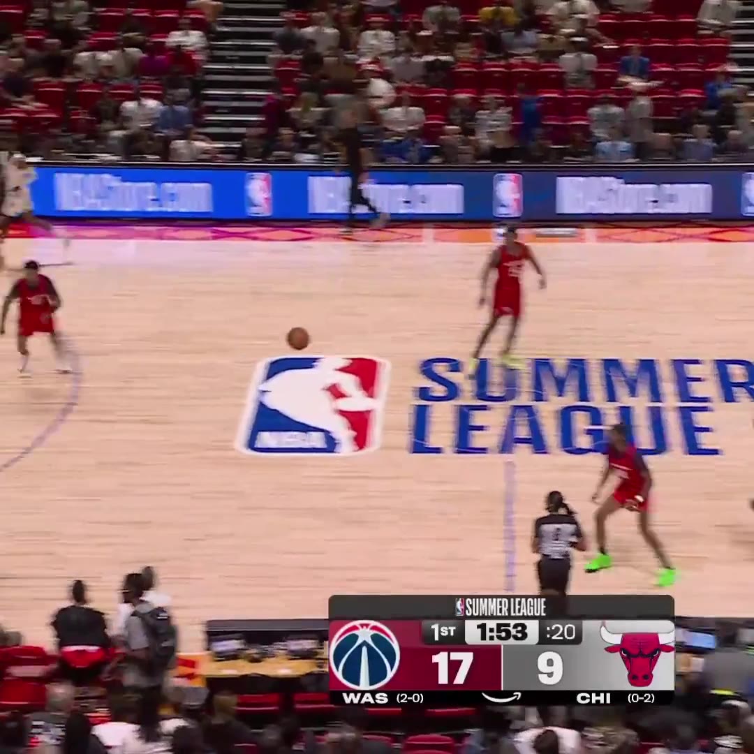 A player in a white home jersey number 8 dribbles near the free-throw line against defenders in red road jerseys, then a following clip shows the same white-jersey number 8 player, later identified by his Bulls jersey, celebrating with an animated expression while jogging back on defense. On-screen scoreboard reads NBA Summer League, 1st quarter, clock around 1:47-1:51, Washington 17 vs Chicago 9-11.