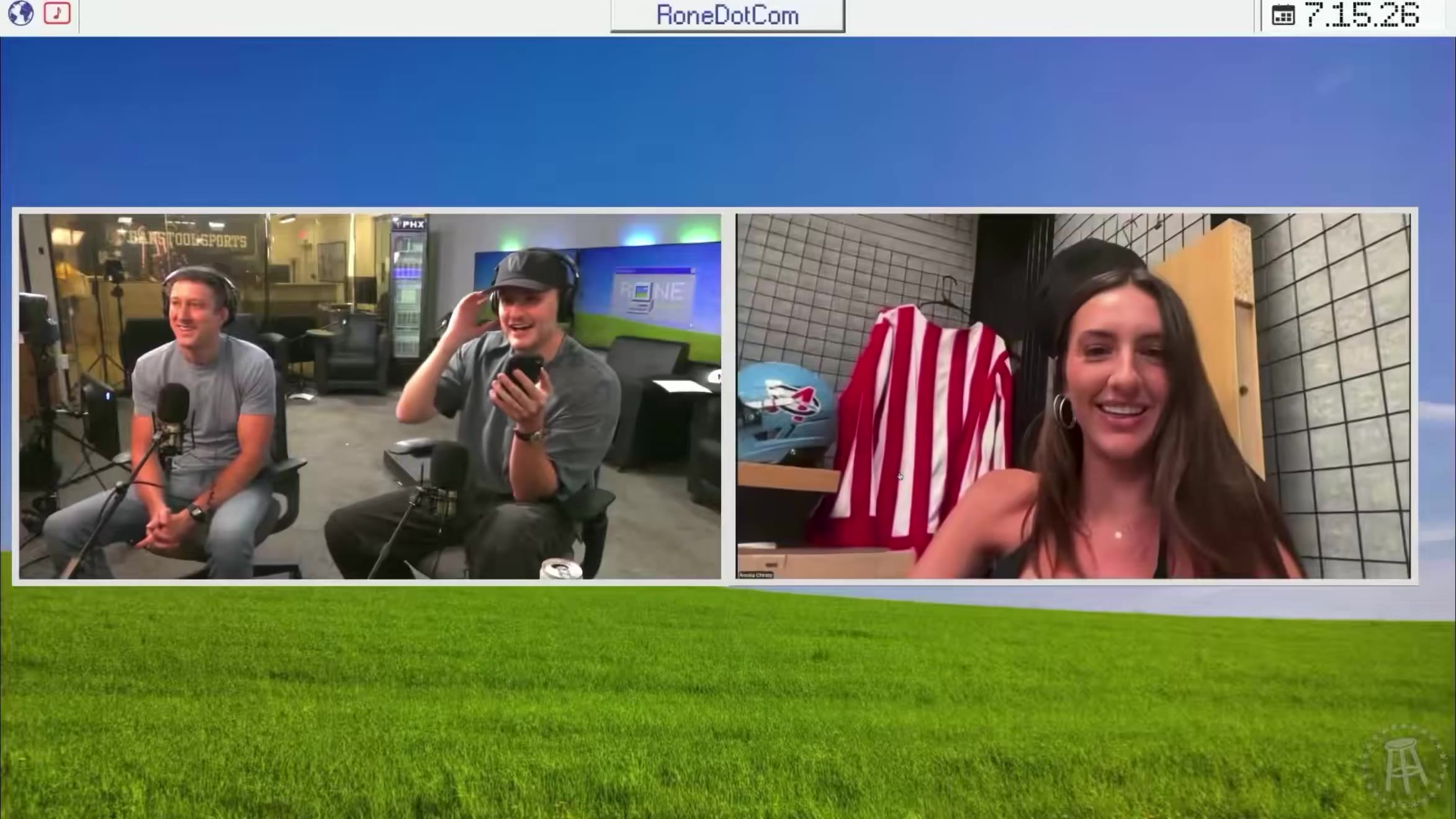 A podcast-style video interview: two men wearing headphones sit in a Barstool Sports studio talking and gesturing animatedly, split-screen with a woman with long brown hair speaking from what looks like a garage or storage room background, text overlays reading 'RoneDotCom' and a timestamp '7.15.26' at the top of the frame.