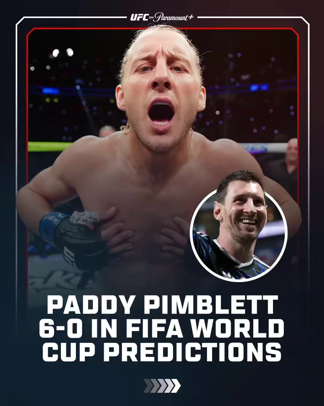 A video prediction bracket for a soccer tournament is shown alongside a man being interviewed at a UFC on Paramount+ press conference; the bracket fills in over time from unfilled slots to show France vs Spain in one semifinal and England vs Argentina in the other, with Spain and Argentina advancing to the final.