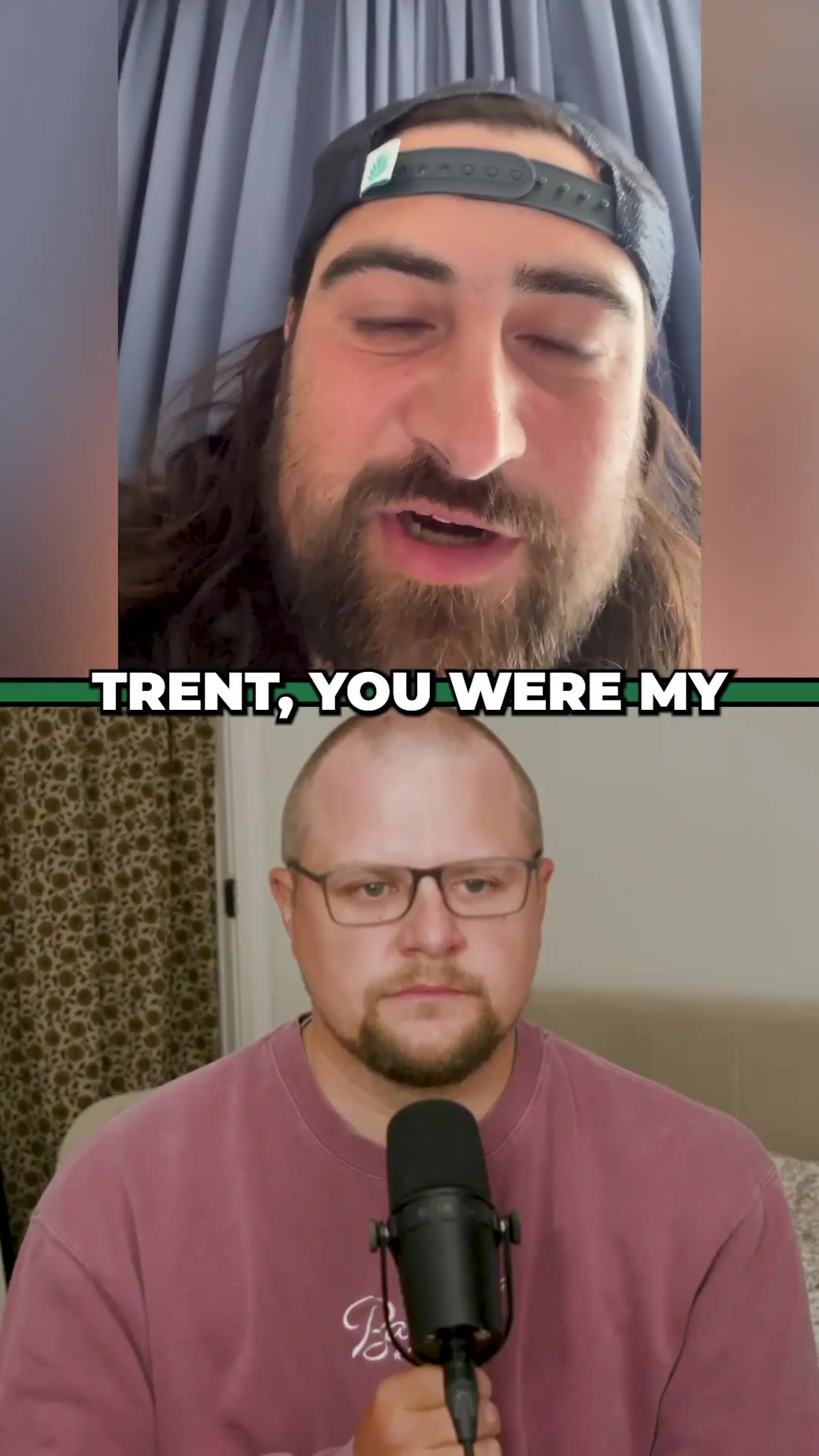 Two men on a split-screen video call podcast, one wearing a headband and long hair speaking into frame, the other bald with glasses holding a microphone with 'Barstool' branding visible on his shirt, with captioned subtitles overlaid on screen.