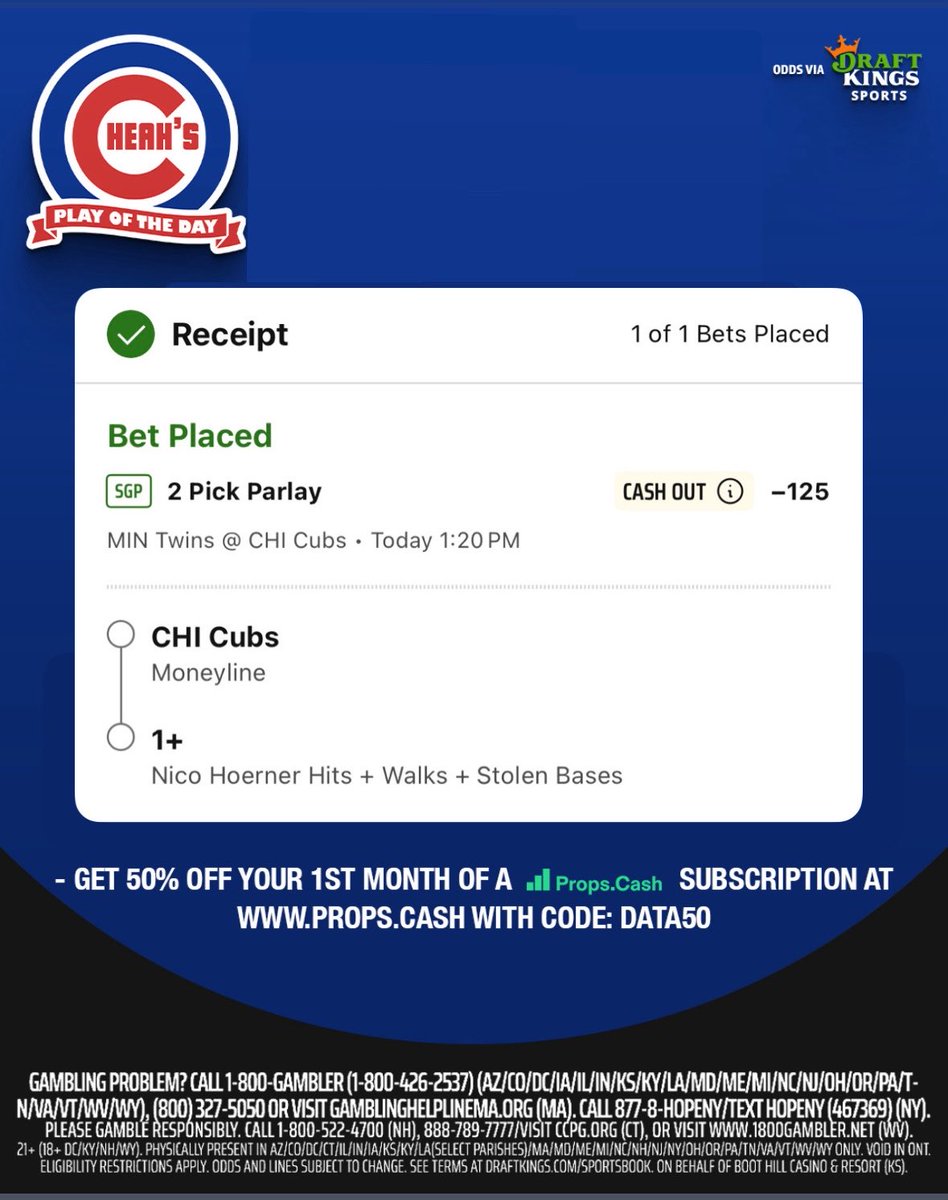 🧠Trust The Data🧠: Early Cubs game today I like them to win and Nico Hoerner to stay hot and get on base. -125 on @DKSports #DKPartner http