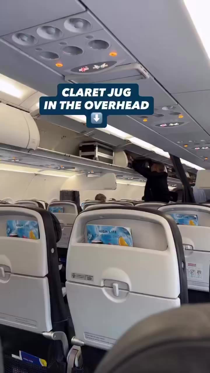 Airplane cabin interior showing passengers seated and a person standing in the aisle reaching into an overhead bin