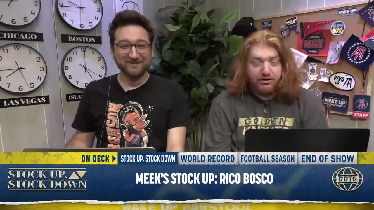A split-screen video call: one man in a cap sits alone in a living room, then a Wake Up Barstool studio scene shows two men at desks with laptops, and a third scene shows a man in a Braves jersey seated in a chair gesturing while talking.