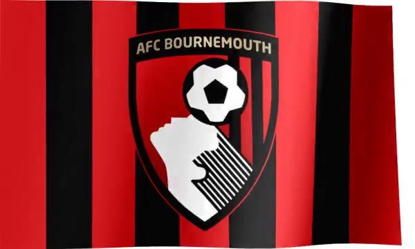 A waving AFC Bournemouth club crest flag, animated against a red and black striped background.