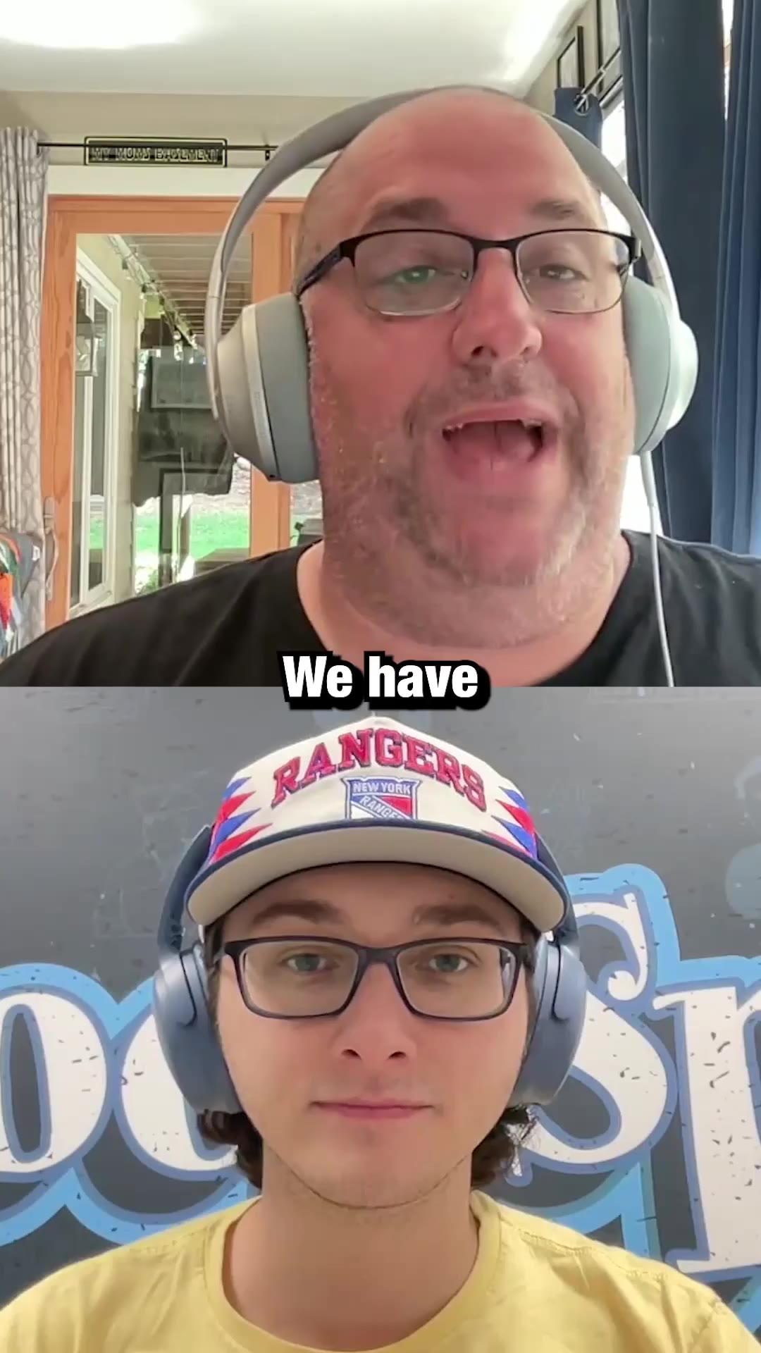 Two men wearing headphones talk to camera in a split-screen video setup, with an image of the Avengers: Endgame movie poster and a young man in a Rangers cap also shown in split screen.