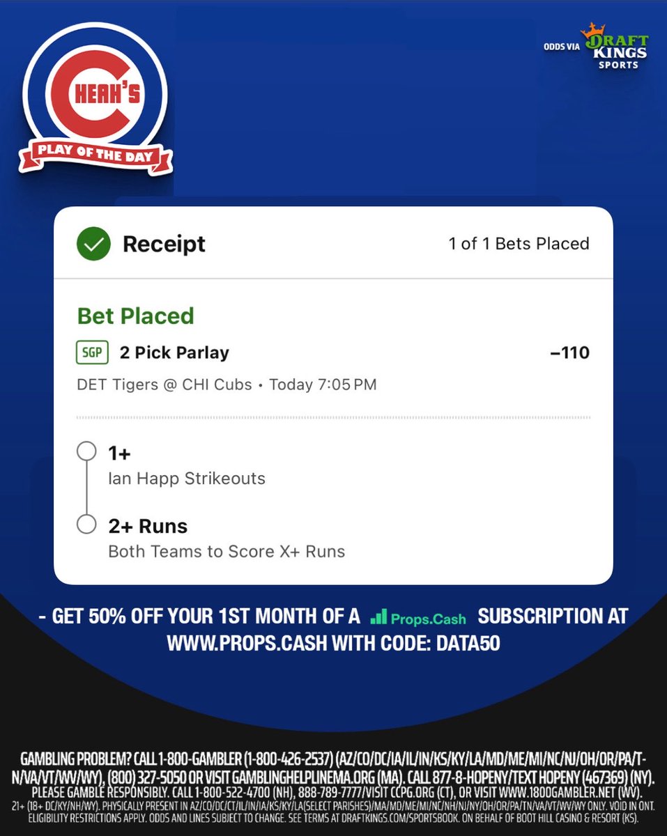 🧠Trust The Data🧠: Cubs play tonight:

- Ian Happ 1+ strikeout (he’s struck out in 27 of his last 30 games and is 0/5 vs. Tigers starter Fr