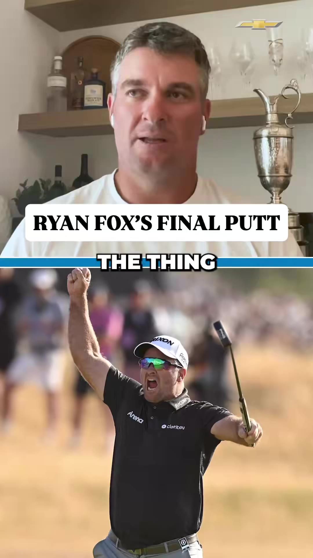 Two men shown in a split-screen video podcast setup, discussing golf; one speaks in front of shelves with liquor bottles and glassware and a silver claret jug trophy visible, captions on screen read phrases like 'MY HEAD THAT', 'THREE FOOT', and 'INCREDIBLE.'
