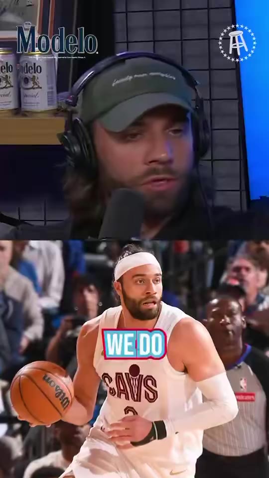 A podcast interview setting with two hosts wearing headphones at a table with microphones and a Modelo-branded overlay, plus an archival shot of a Chicago Bears player in a dark home jersey with white number 54 and a captain's patch pointing toward the camera on the field.