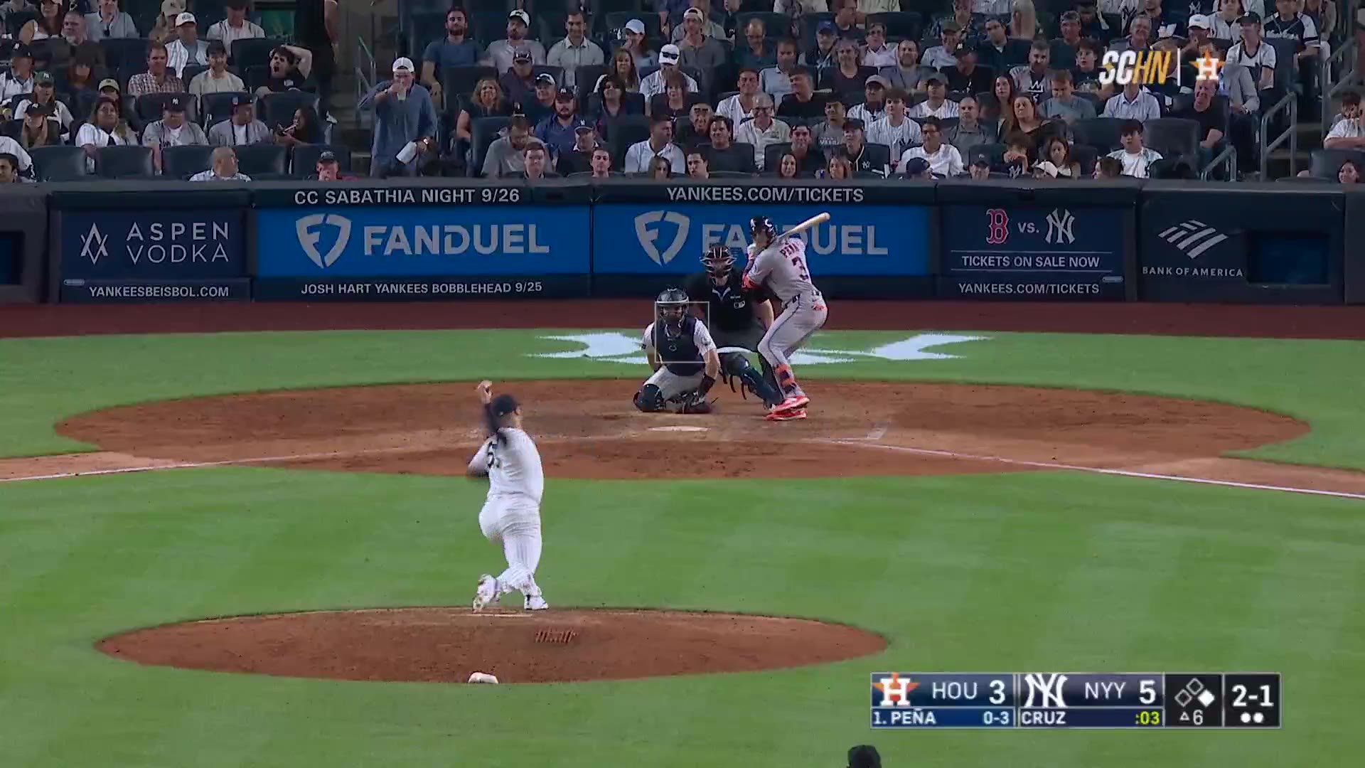 Astros player #3 rounds the bases and touches home plate after a home run, with the on-screen scoreboard reading Houston 5, New York 5 in the 6th inning