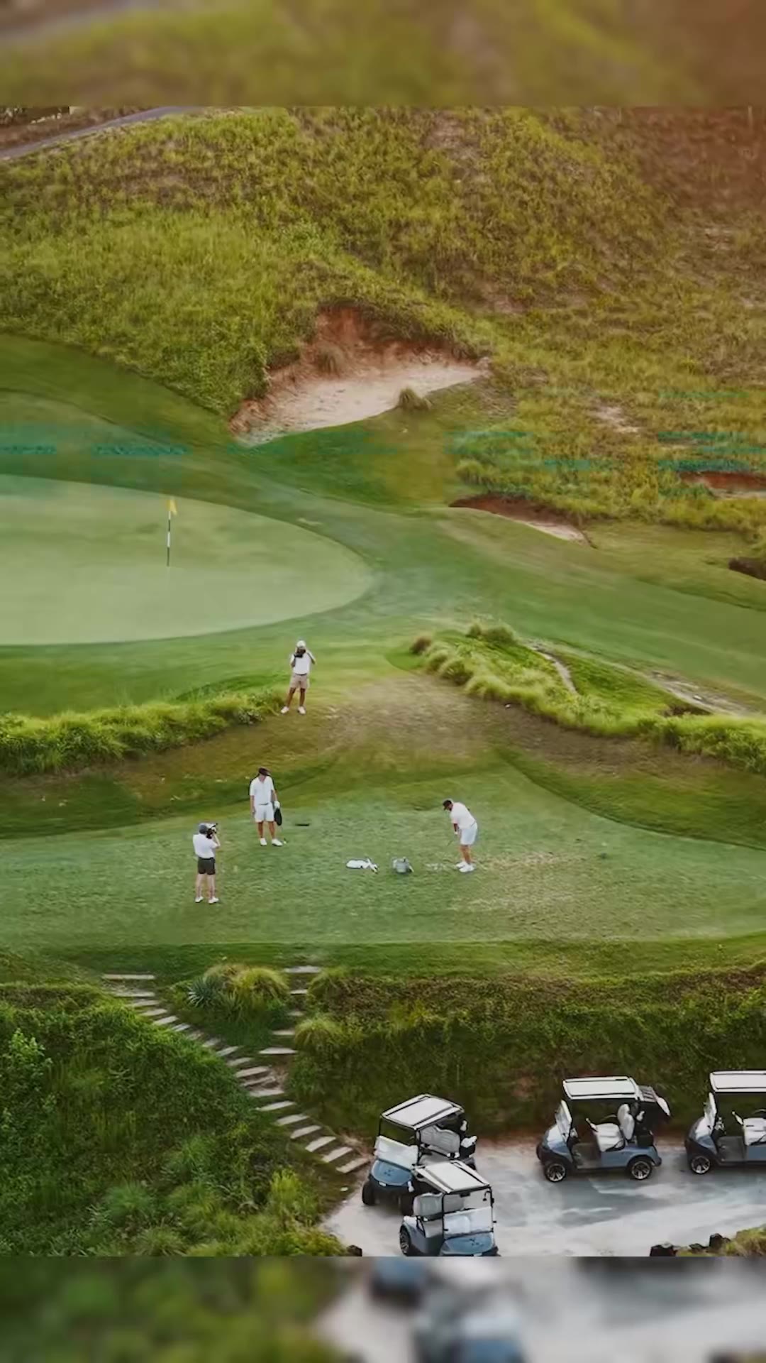 A young man in an Ole Miss golf polo and TaylorMade cap sits in a golf cart talking, followed by a man in a white quarter-zip and Titleist cap taking a golf swing on a course with another golfer watching in the background.
