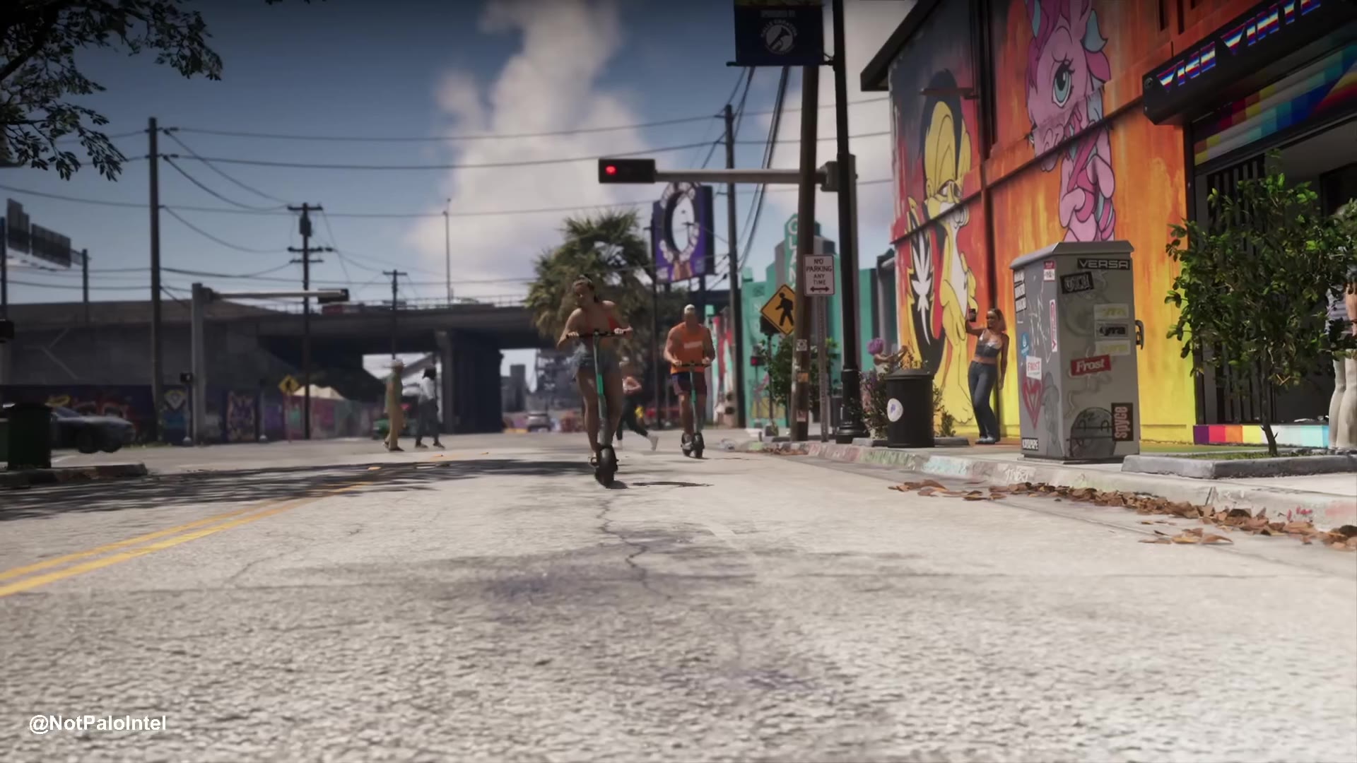 GTA 6 gameplay footage showing a bar fight outside a nightclub, a motorcycle chase through a city street, and a police chase at night with an explosion and a three-star wanted level on the HUD.