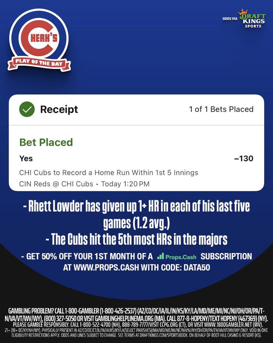 🧠Trust The Data🧠: The Cubs are on early today! My play is 1+ Cubs HR in the first five innings. (-130) on @DKSports #DKPartner