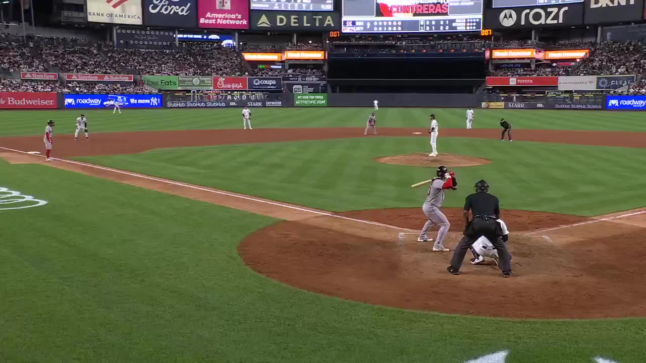 A player in a gray road uniform slides into home plate as a catcher in Yankees pinstripes applies a tag while an umpire signals; earlier frames show the same player rounding third and being held up by a third-base coach.