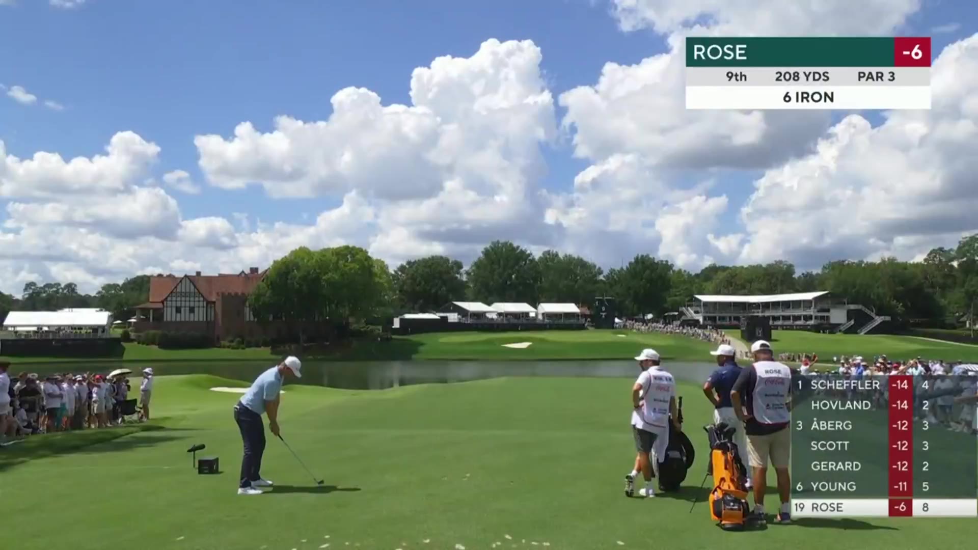 Golf coverage on CBS shows a golf ball's shadow near a flagstick on a green beside a lake, with a leaderboard showing Scheffler, Hovland, Aberg, Scott, Gerard, Young, and Rose; a separate shot shows Justin Rose walking off a green at -8 through his caddie and gallery.