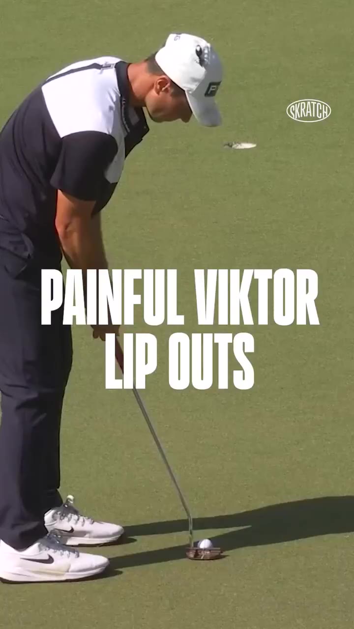 A golfer on a putting green misses a short putt, the ball bouncing off the edge of the hole, then leans over with hands on his knees in apparent frustration; a PING putter and PING cap are visible.