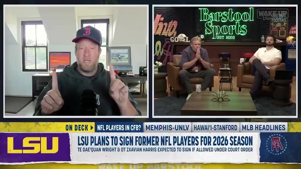 Barstool Sports Wake Up Barstool desk hosted by Dave Portnoy in split screen with hosts on a studio set, discussing an LSU chyron reading 'LSU Plans to Sign Former NFL Players for 2026 Season'.