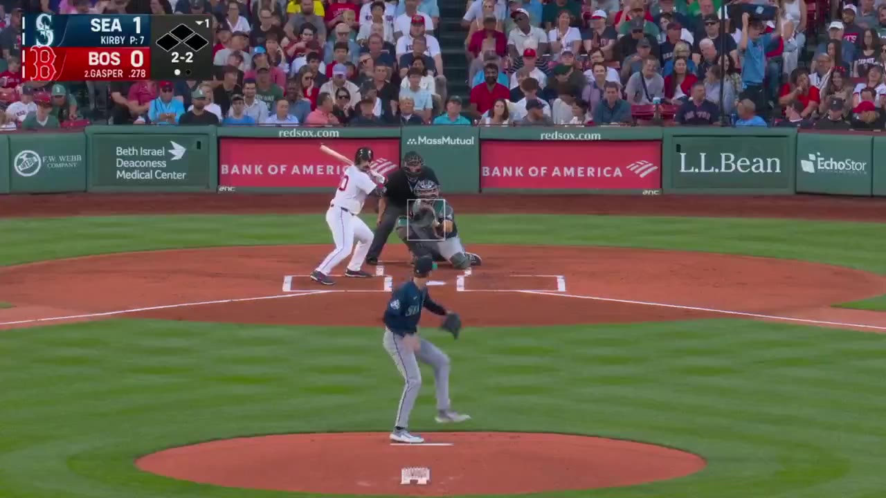 Mickey Gasper of the Boston Red Sox rounds the bases after a home run at Fenway Park, with teammates cheering him at the top of the dugout steps and a graphic reading '6th HOME RUN THIS SEASON'; scoreboard shows Red Sox 1, Mariners 1.