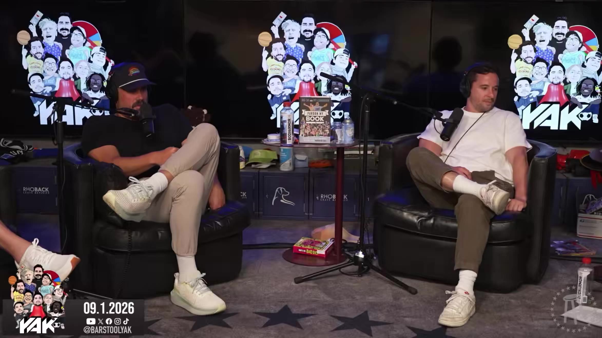 Two men sit in chairs on a podcast set (YAK studio, dated 09.1.2026), followed by screenshots of X posts being displayed on screen — one from an account named Reed Burner showing a phone photo of someone in a locker/gym area, and another from an account named Nicky Smokes with a lengthy apology text reading in part 'Yesterday I won every battle, today I lost the war... To the fans and every stoolie, I'm sorry, extremely sorry.'
