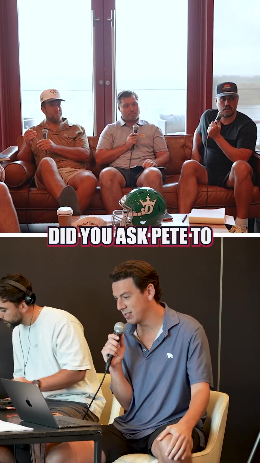 Four men sit on couches and chairs in a room with large windows, holding microphones and talking; one man in a white cap and dark shirt speaks with a phone laptop and headphones nearby, on-screen text reads HAVE YOU DONE, RAT DUDE, and OKAY THANKS BYE.