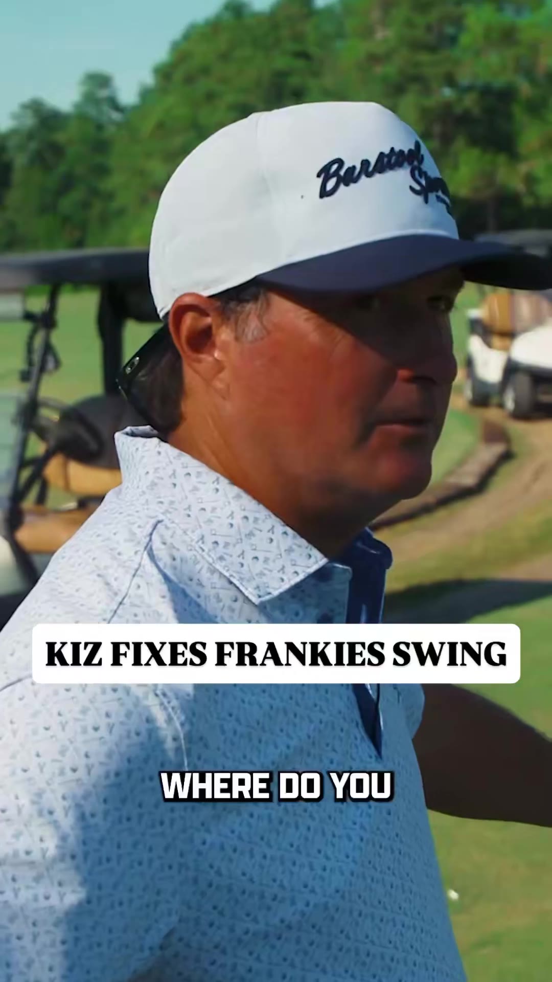 Two golfers in white polos and caps stand on a golf course fairway near a tee marker, one holding a golf ball; a later shot shows a flagstick against the sky with tree-lined fairway in the background; another shot shows a man in an Adidas cap and white polo looking upward with on-screen text reading 'RIPPED'.