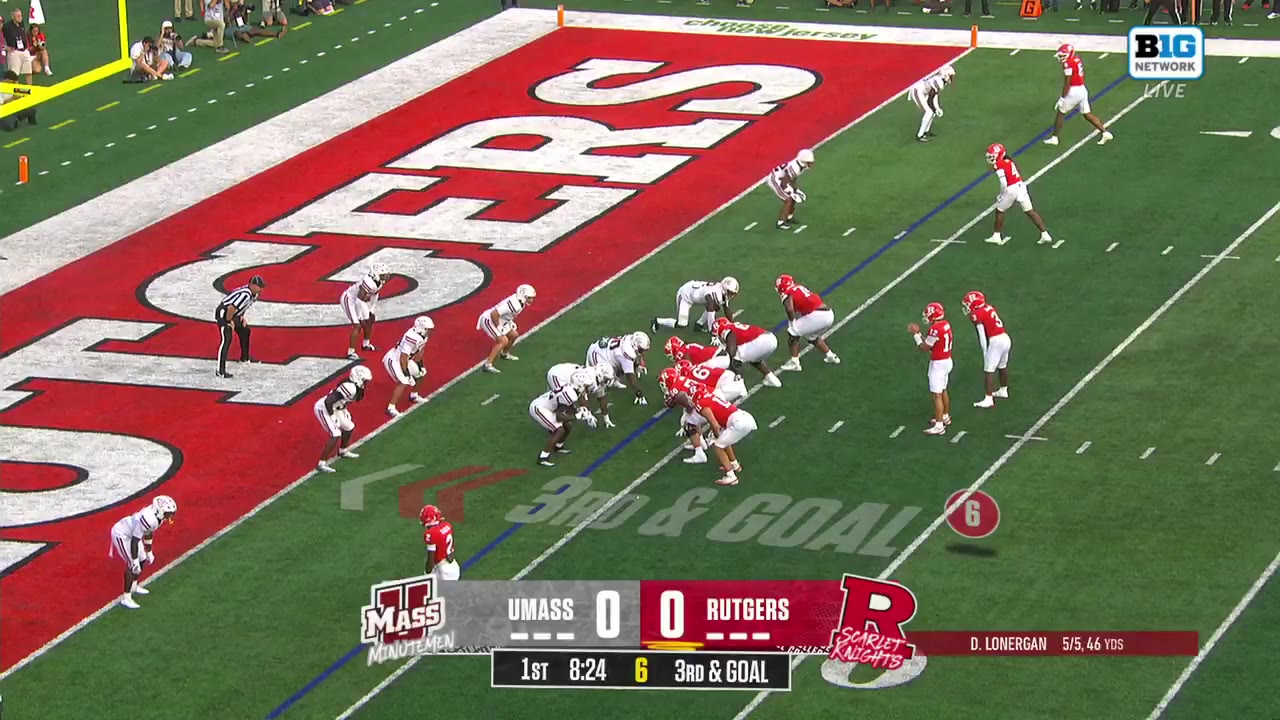Rutgers scores a touchdown on 3rd and goal against UMass, with a Rutgers running back (No. 8) celebrating in the end zone; scoreboard reads UMass 0, Rutgers 6, 1st quarter 8:20.
