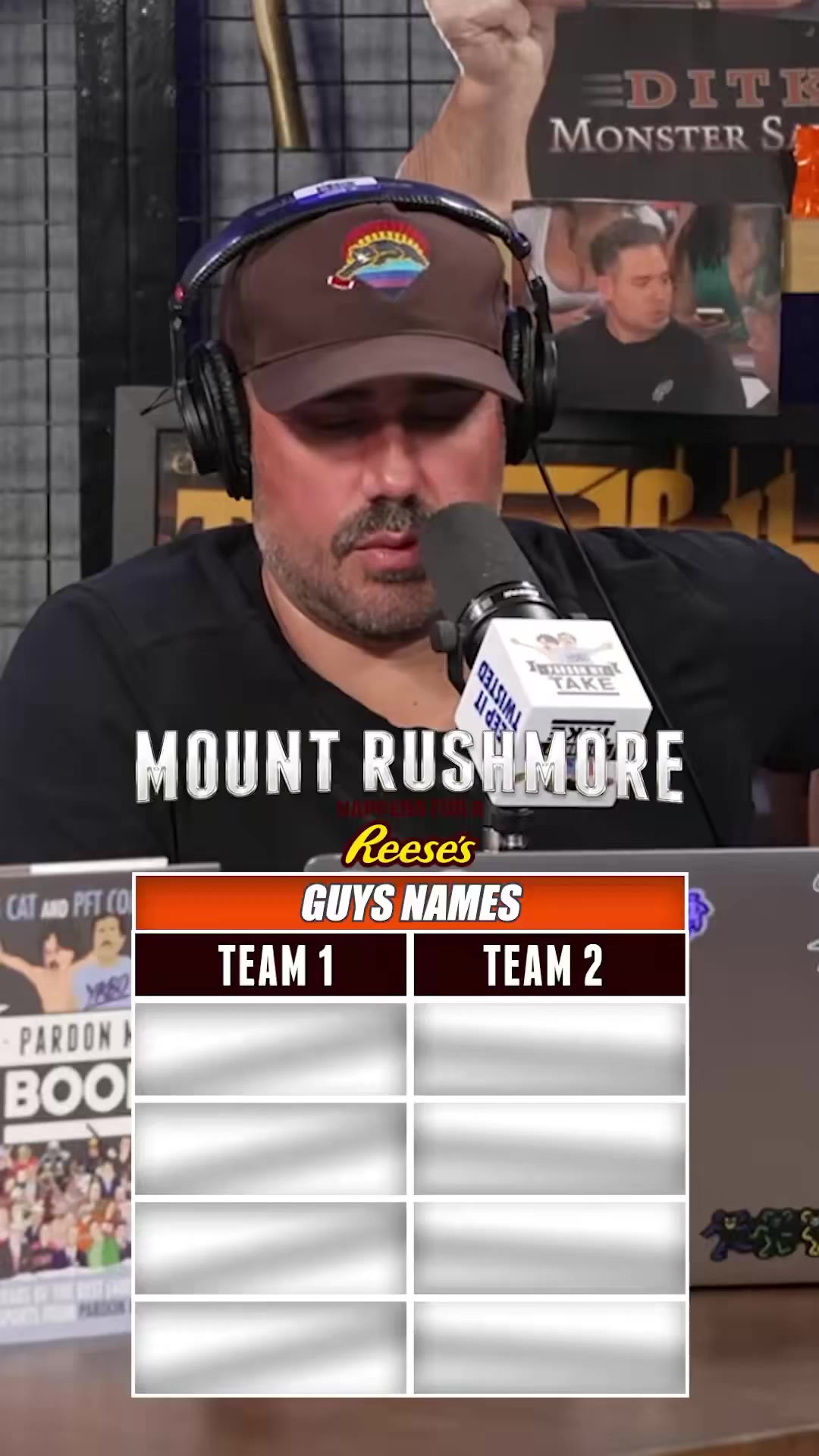 A graphic titled "Mount Rushmore Happens for a Reese's" with a "GUYS NAMES" bracket board filling in as podcast hosts speak; entries shown are Devante, Muhammad, Drew for Team 1 and Guy, Jalen, Will, Tiger for Team 2, with three different men shown speaking into podcast microphones across the frames.