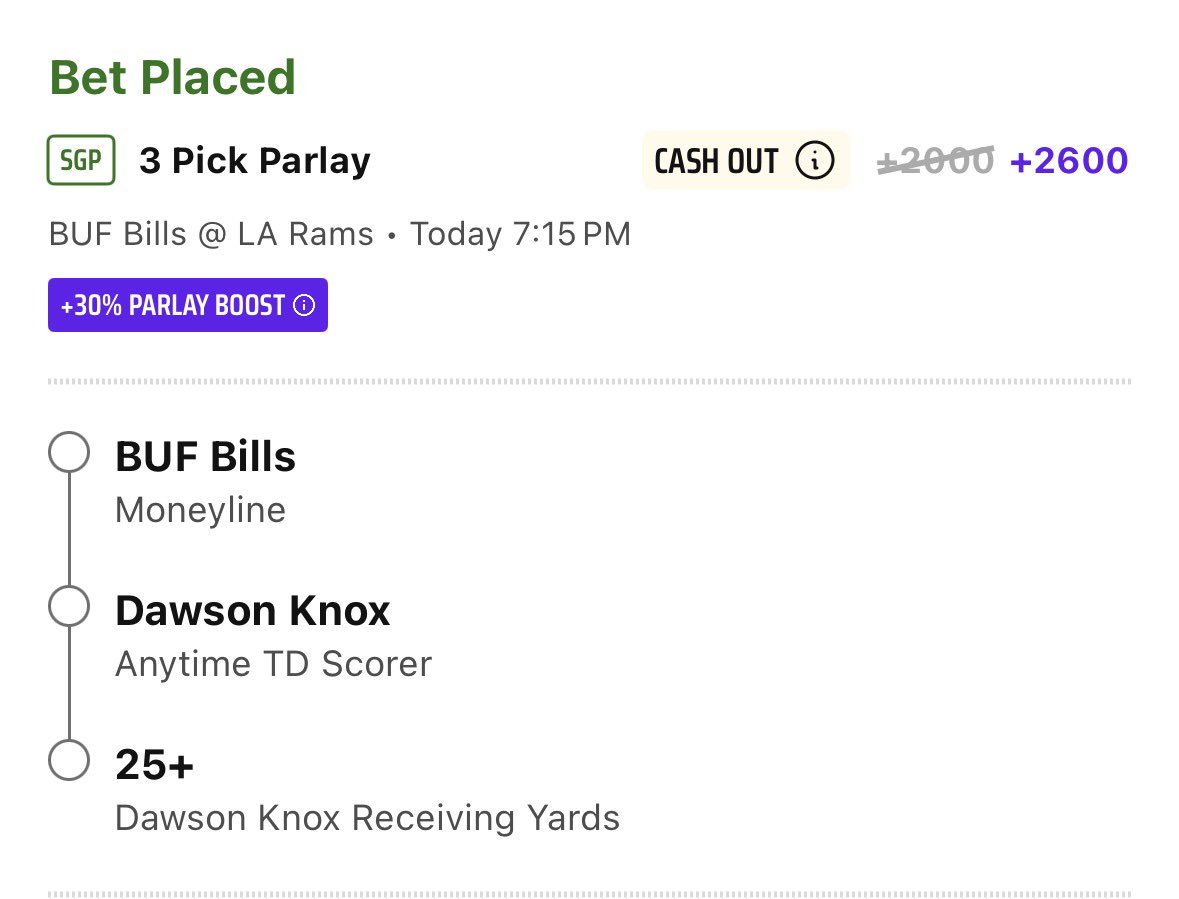 Mintzy: MNF +2600 @DKSports Parlay w/ 30% Boost
No DJ Moore means 2 TE sets. Playing hunch on that being big for Knox #NFLRebs