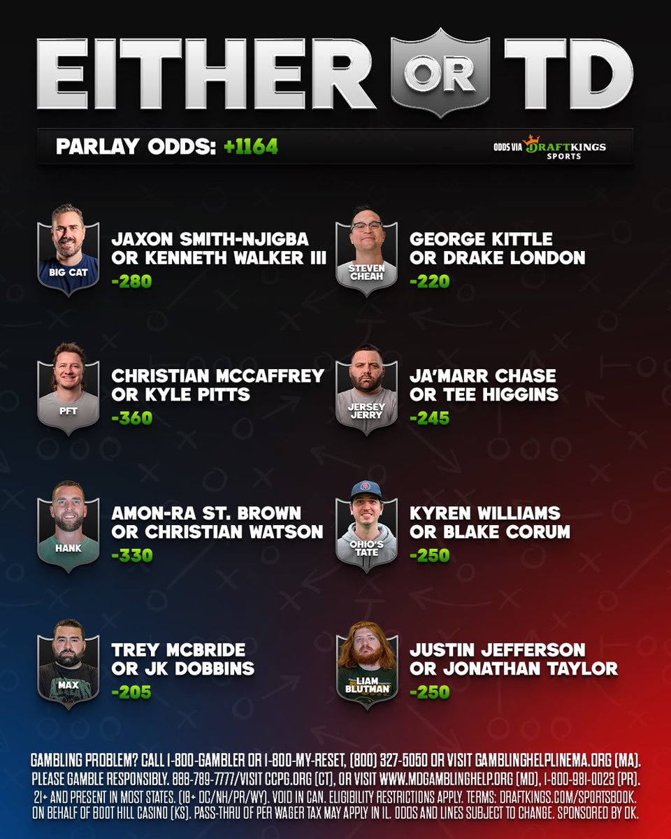 Steven Cheah: NFL Either OR TD parlay is live on @DKSports. Watch us sweat this out live and ride with us here: https://t.co/CF9Q48Zv7